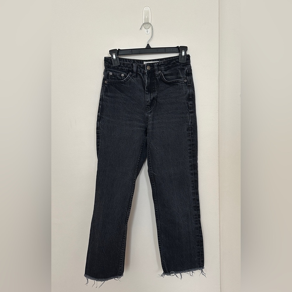 Topshop Washed Black Raw Hem Straight Ankle Jeans